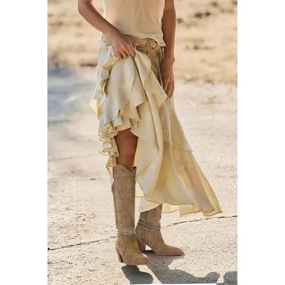 Women's Camel Suede Cowboy Pointed Toe Knee High Chunky Stylish Comfortable Heel